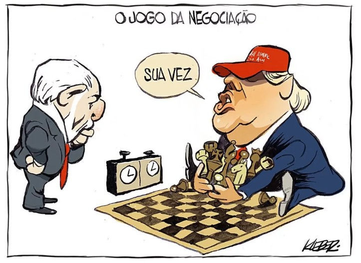Charge satiriza a postura dos EUA e os impactos do tarifaço de Trump sobre exportações brasileiras, especialmente do agronegócio.