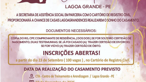 Casamento Comunitário 2025 em Lagoa Grande: inscrições seguem até quarta-feira, dia 10