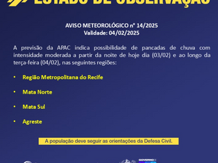 Pancadas de Chuva e Trovoadas Devem Atingir Pernambuco Devido à Atuação de Dois Sistemas Meteorológicos