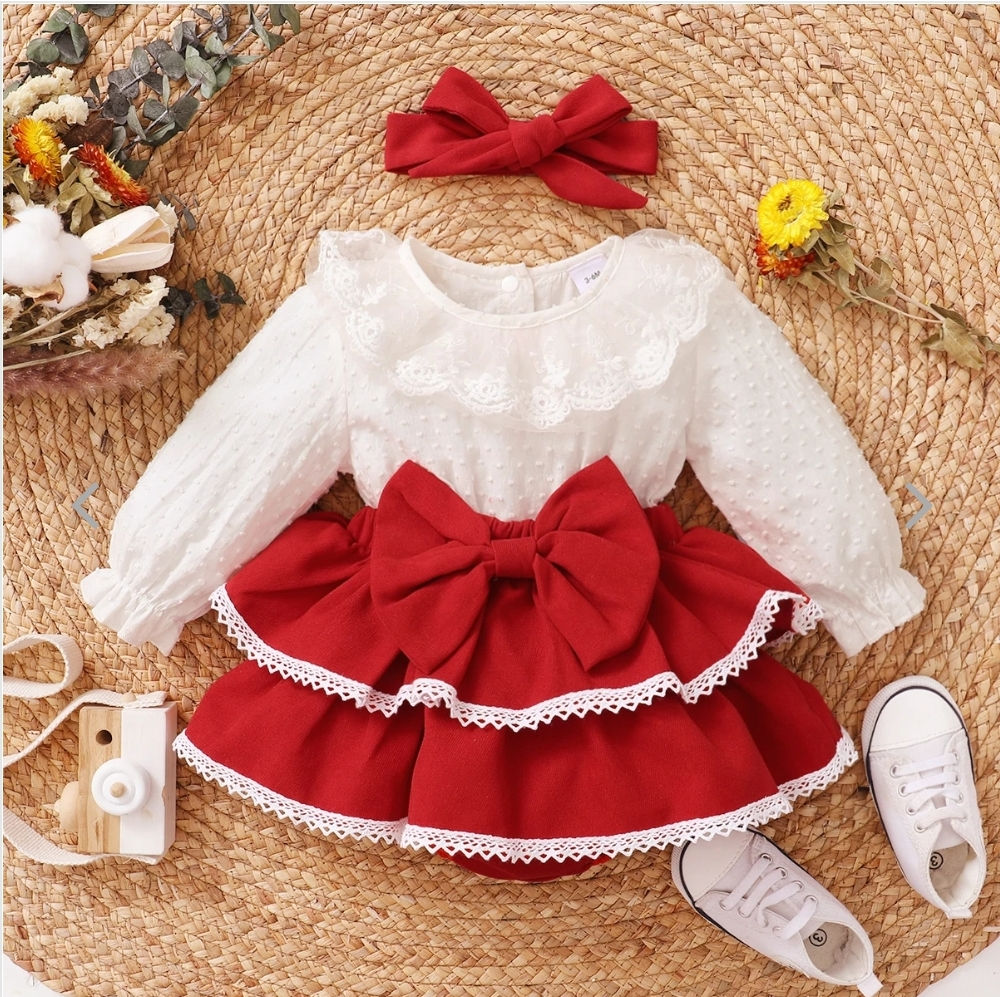 Baby Girl Lace Ruffle- Collar Bow Decor Bodysuit & Headband 2-p