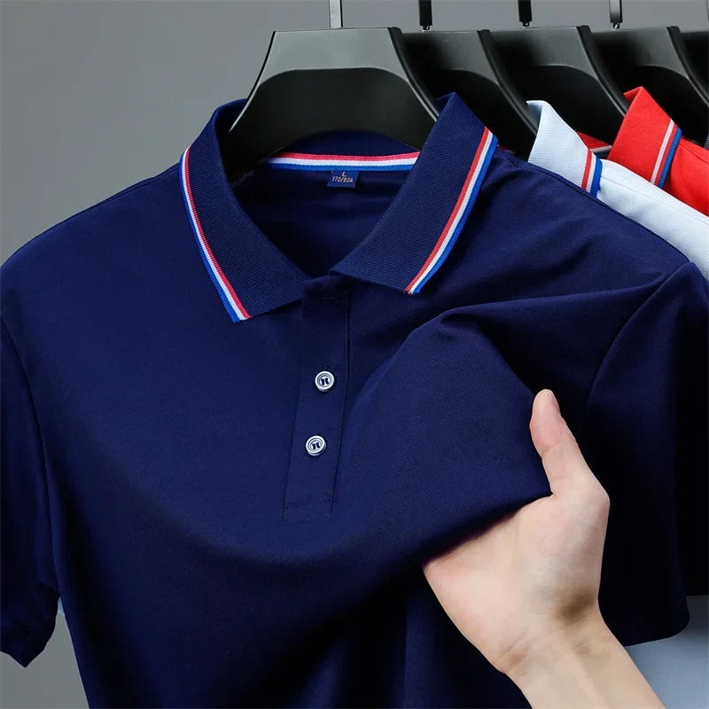 Thumbnail: Camisa Polo de Manga Curta de Cor Lisa Masculina Casual Americana Confortável V