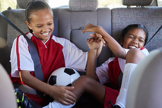 Soccer, happy girls and travel in car to competition, match or game in suv or van. Comic,