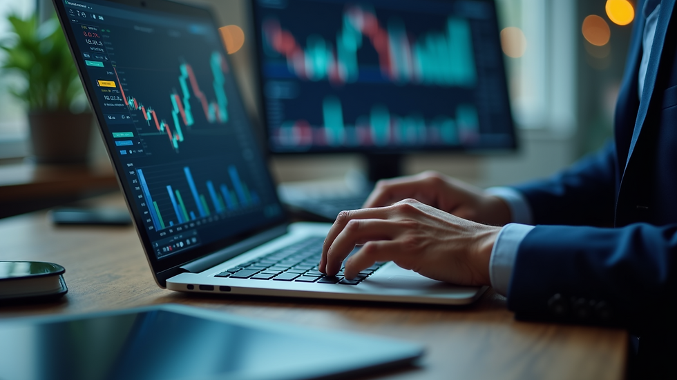 Eye-level view of a trader analyzing charts on a laptop