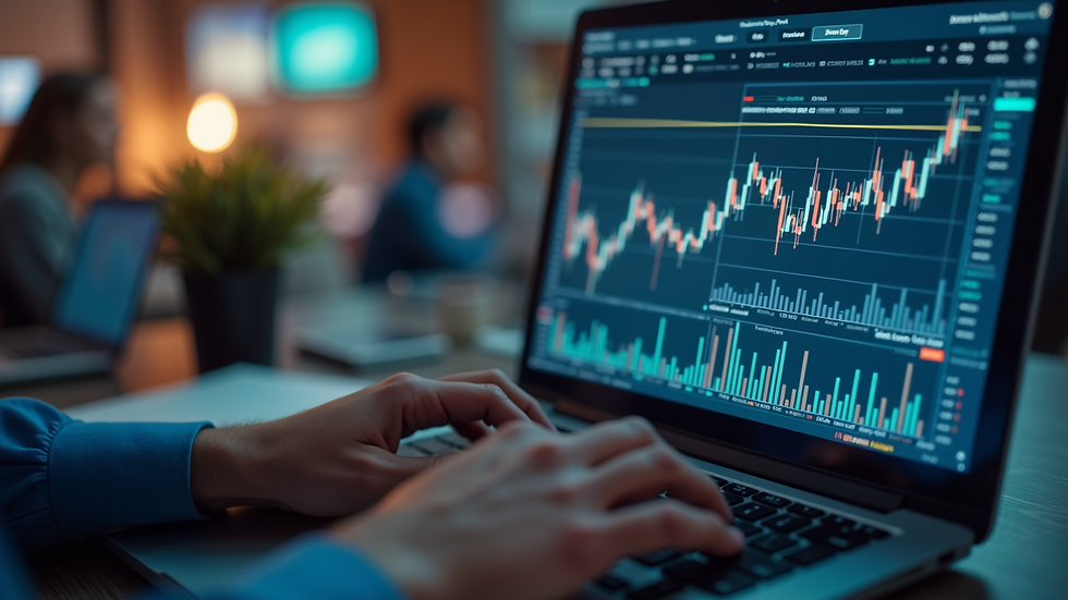 Eye-level view of a trader analyzing charts on a laptop