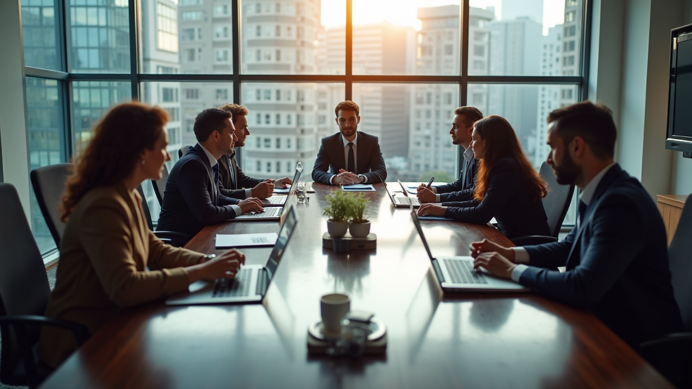 High angle view of a conference room with diverse professionals collaborating on a global strategy