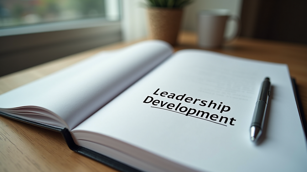 Close-up view of a leadership development workbook and notes on a desk