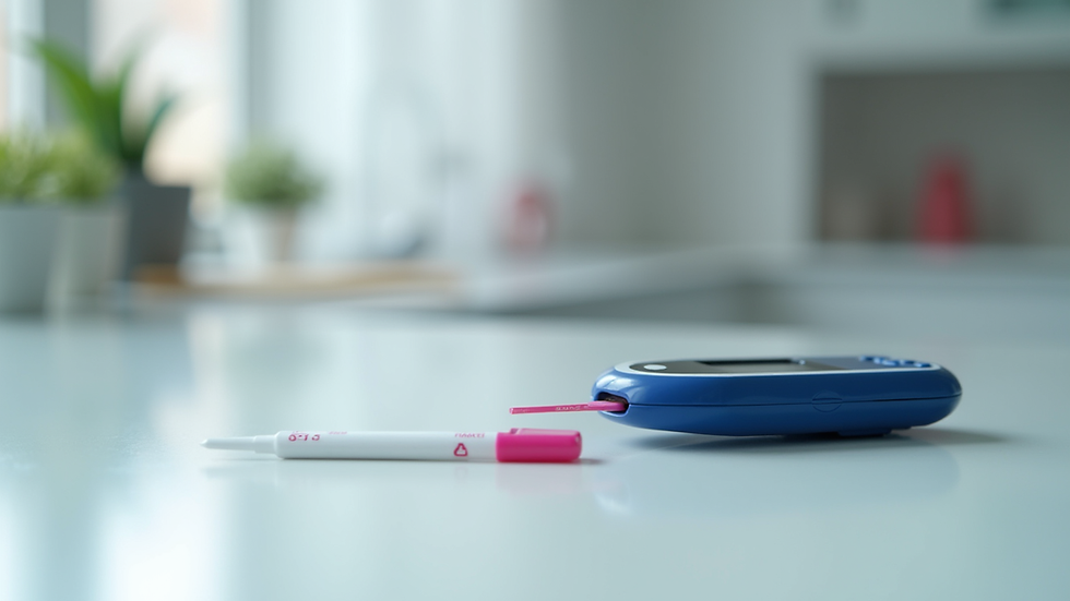 Eye-level view of a blood glucose meter and test strips on a clean table