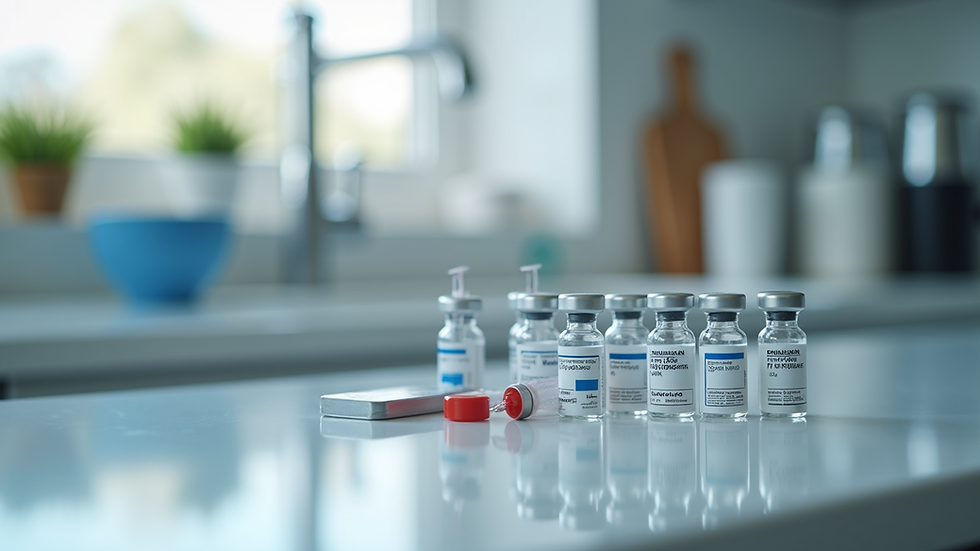 Close-up view of insulin vials and diabetes supplies neatly organized on a countertop