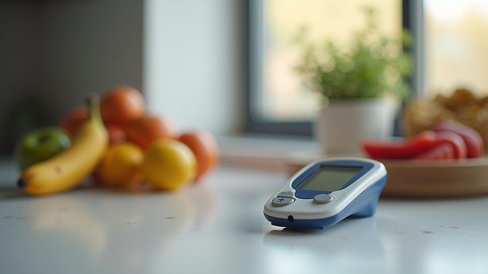 Close-up view of a blood glucose meter and healthy snacks on a kitchen counter
