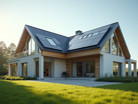 Modern residential home featuring a sleek black solar panel roof system integrated into the architecture.