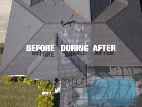A three-part comparison image showing a residential roof "Before," "During," and "After" a Roof Maxx rejuvenation treatment