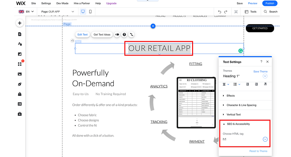Example of h1 title tag location for SEO in Wix by RJ MTM