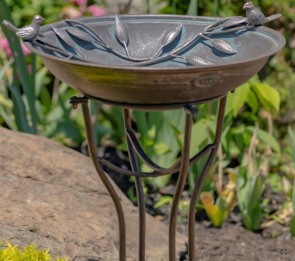 Thumbnail: bronze birdbath with two birds top view