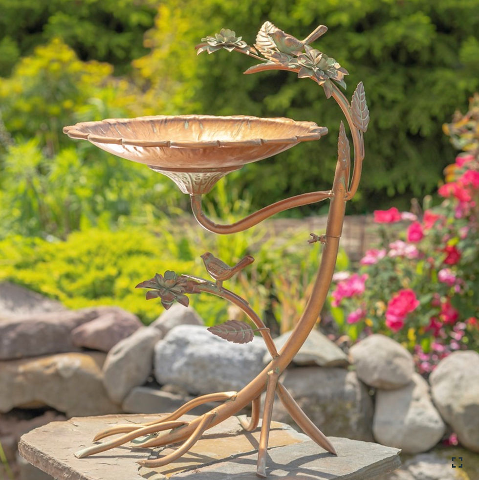 27" Tall Scallop Edge Birdbath with Branch Stand, Antique Copper