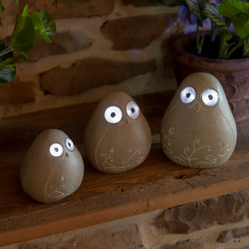 Thumbnail: Set of 3 Solar Pet Rock Birds with Floral Etching, displaying eyes in dark space