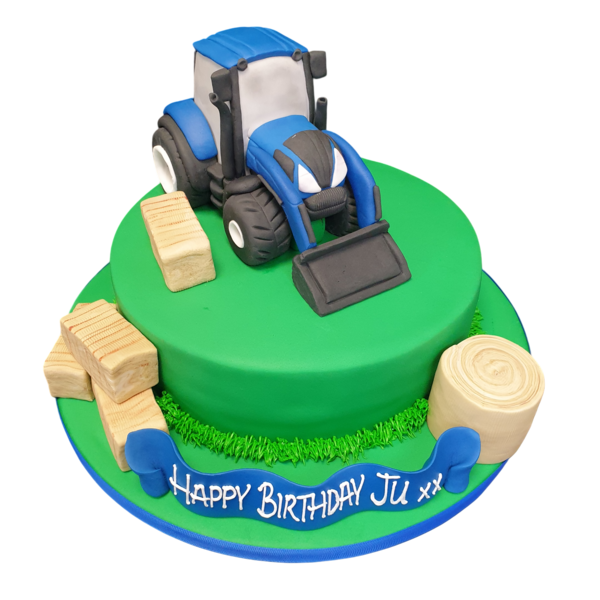 Bespoke tractor-shaped cake with green and red icing details, perfect for celebration in Solihull, West Midlands.