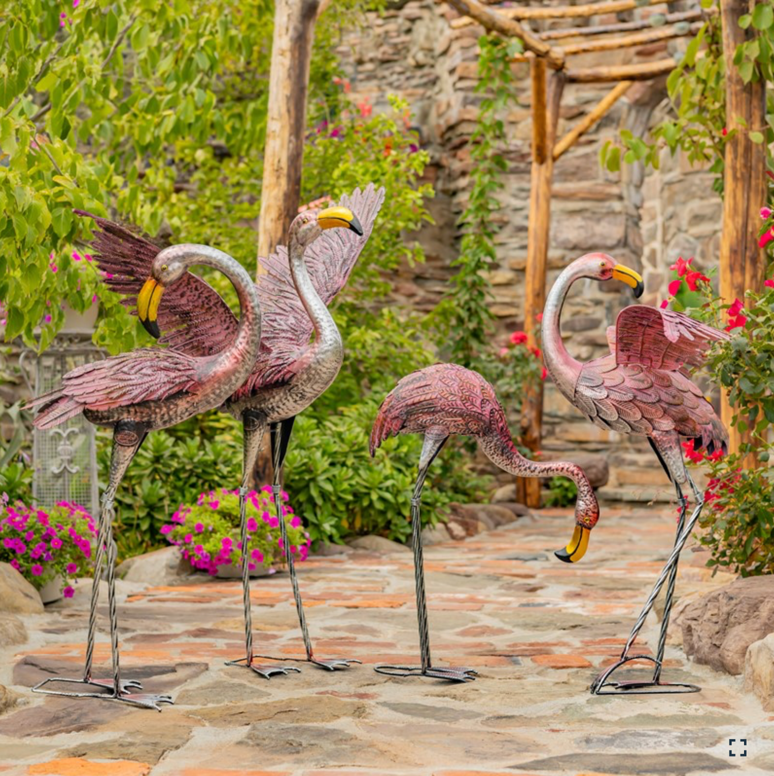 Metallic Pink Flamingo Garden Figurines, Set of Four