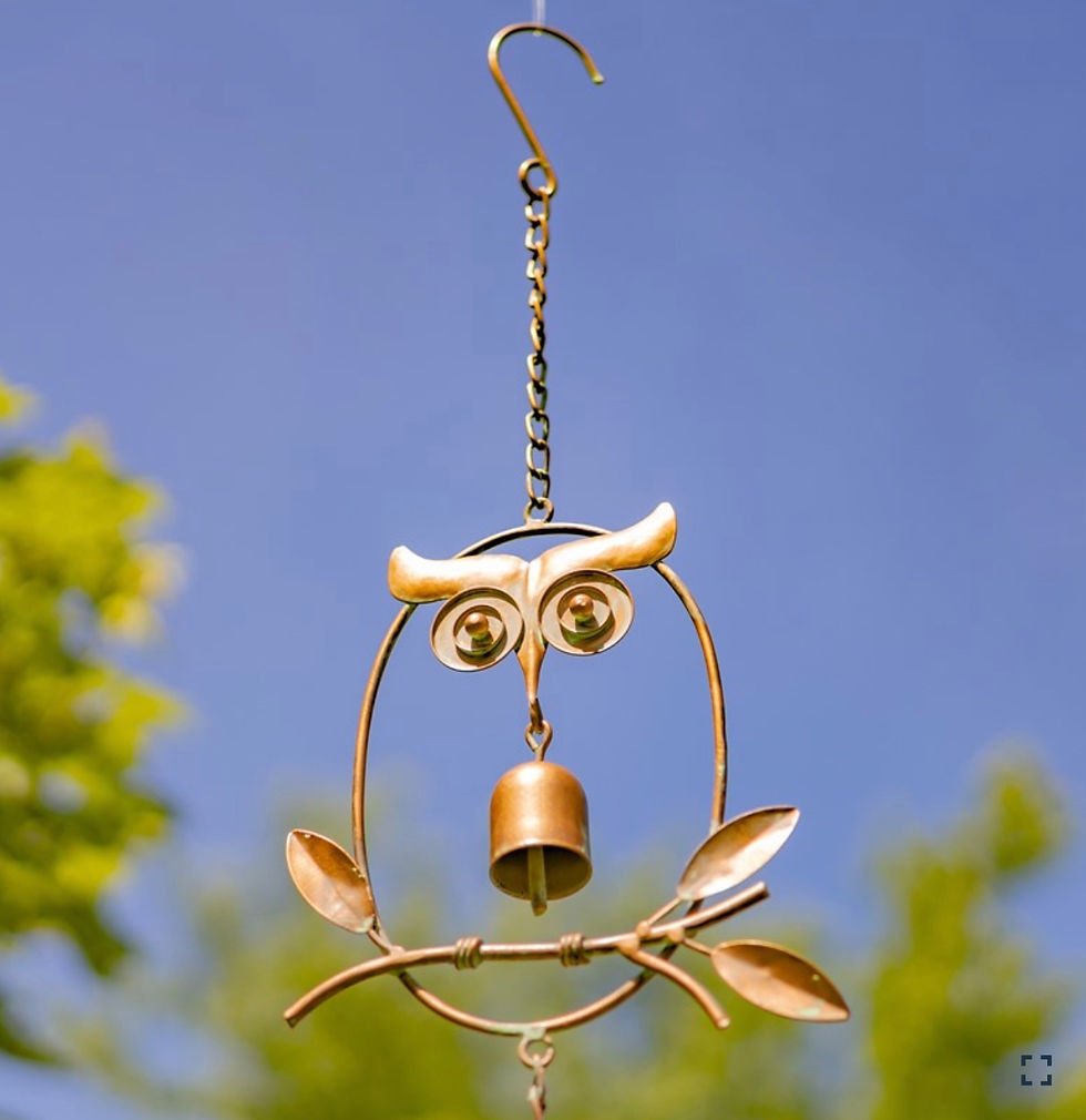 Thumbnail: 95.5" Long Antique Copper Iron Rain Chain with Owls & Small Bell Details