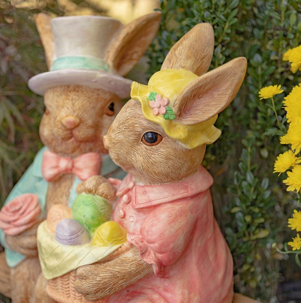 Thumbnail: 22" Tall Fancy Rabbit Couple Sitting on Bench Magnesium Garden Statue