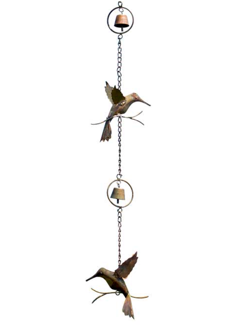 Thumbnail: Ancient Graffiti Hummingbird & Bell Rain Chain, Flame Copper, close view