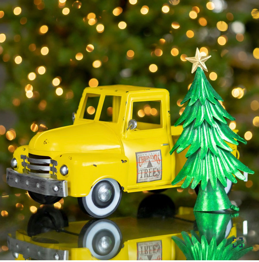 Iron Christmas Old Style Truck with Tree, antique yellow