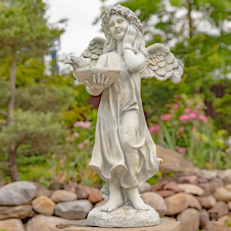 39" Tall Magnesium Angel Statue with Birdbath Antique White "JAZMIN"