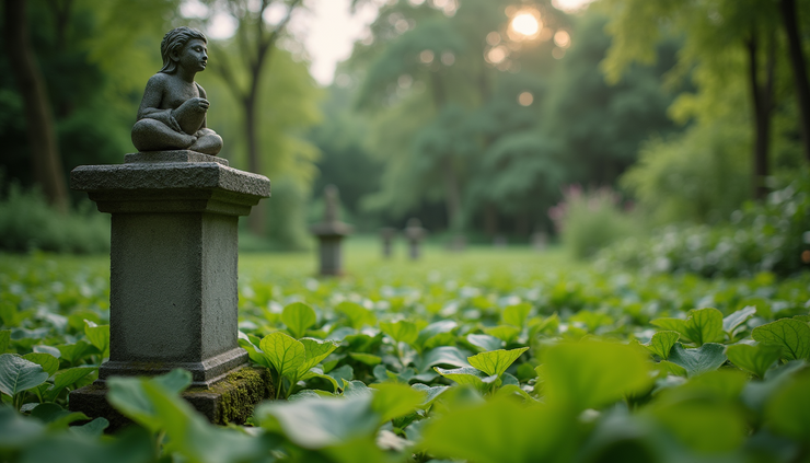 Eye-level view of a stone garden statue surrounded by lush greenery