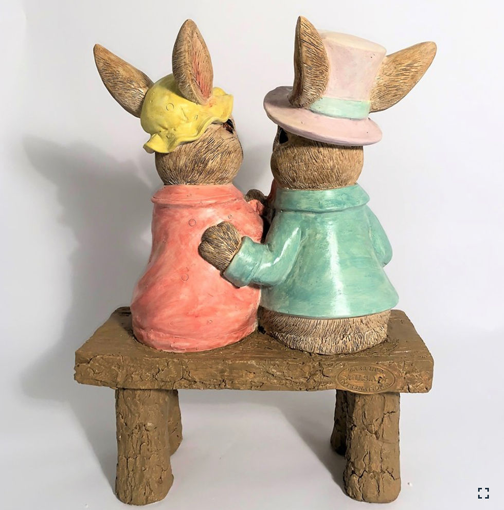 Thumbnail: 22" Tall Fancy Rabbit Couple Sitting on Bench Magnesium Garden Statue