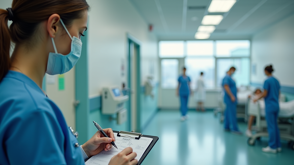 Eye-level view of a nurse writing notes on a clipboard in a hospital ward