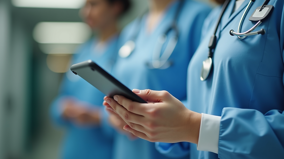 Close-up view of a nurse leader reviewing team schedules on a tablet
