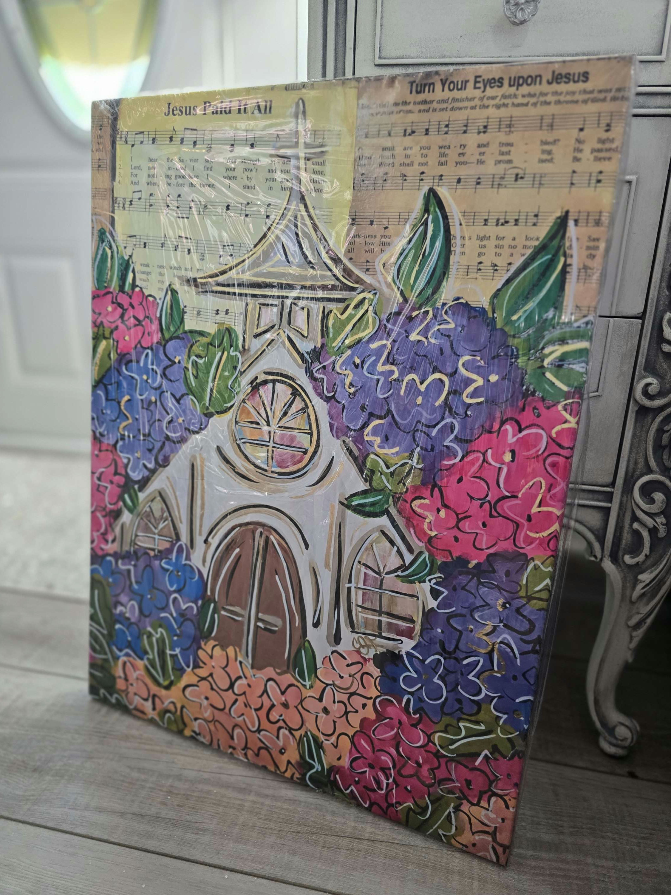 18x24 Print Church with hydrangeas 