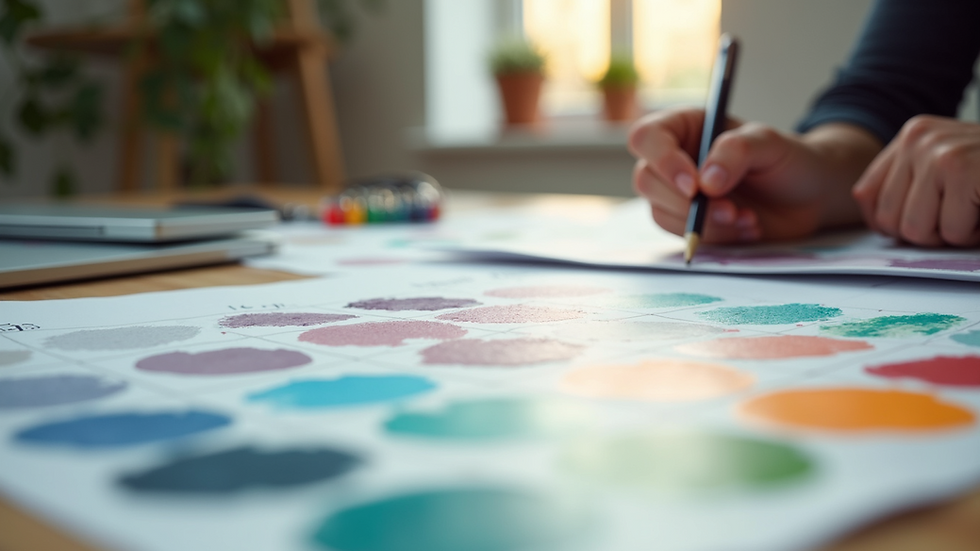 Eye-level view of a designer’s workspace with sketches and color swatches