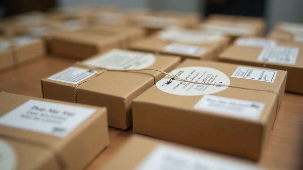 Eye-level view of neatly arranged small business packaging with personalized stickers