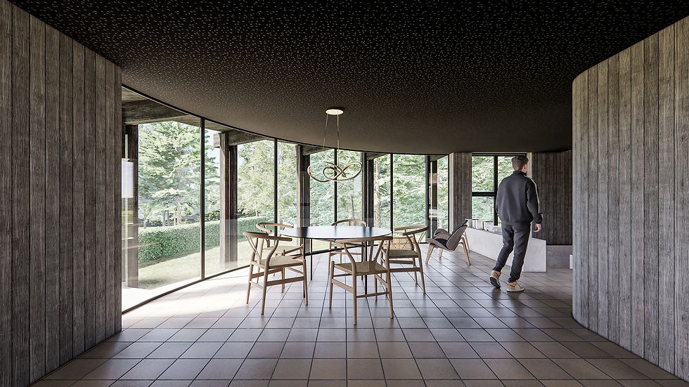 Ombygning af historisk udhus til bolig og ny tilbygning, der forbinder bygningerne i et traditionelt gårdmiljø omgivet af skov.