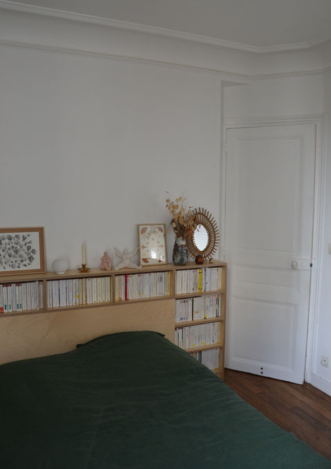 Tête de lit sur mesure à Paris, contreplaqué bouleau.
Atelier d'ébénisterie, Guiche 64.