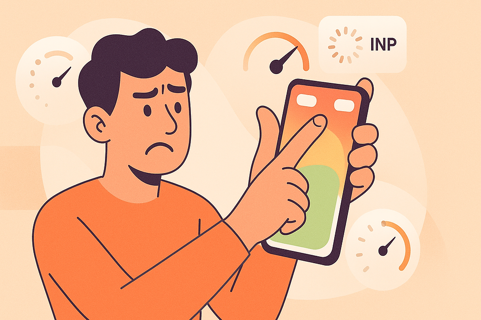 A flat vector illustration of a frustrated person holding a smartphone, struggling to reach UI buttons placed at the top of the screen. The phone shows a thumb-zone heatmap with green at the bottom and red at the top. Loading spinners, speed gauges, and an INP latency icon float in the background, all in warm pastel SaaS-style colors.