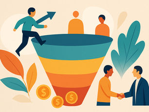 Flat-style digital illustration of a multicolored sales funnel in landscape format. The funnel has four layers in teal, yellow, orange, and red. Human figures are shown entering the top, progressing downward, and ending in a handshake between two people at the bottom. Gold coins with dollar signs and large abstract leaves decorate the scene, representing the sales journey from awareness to conversion.