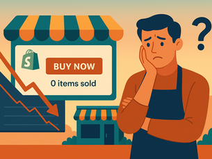 Flat landscape-style illustration of a disappointed male store owner in an apron beside a Shopify storefront interface showing "Buy Now" and "0 items sold," with a downward red sales arrow and a question mark, set against a warm-toned outdoor backdrop.
