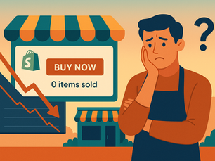 Flat landscape-style illustration of a disappointed male store owner in an apron beside a Shopify storefront interface showing "Buy Now" and "0 items sold," with a downward red sales arrow and a question mark, set against a warm-toned outdoor backdrop.
