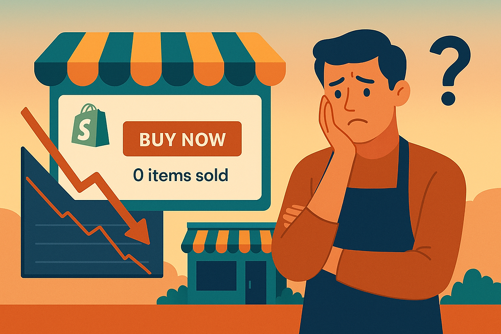 Flat landscape-style illustration of a disappointed male store owner in an apron beside a Shopify storefront interface showing "Buy Now" and "0 items sold," with a downward red sales arrow and a question mark, set against a warm-toned outdoor backdrop.