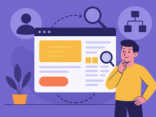 A flat-style digital illustration shows a smiling man in a yellow shirt standing beside a large web page interface. The background is purple, with icons of a user profile, a magnifying glass, and a flowchart floating around. The interface contains various colored blocks and text areas in yellow, orange, and light gray, suggesting content sections. Decorative arrows and dotted lines imply analysis or navigation.