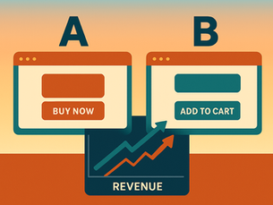 Flat-style digital illustration showing two e-commerce webpage variants labeled A and B. Version A features an orange “BUY NOW” button; version B has a teal “ADD TO CART” button. Below, a chart displays two upward revenue lines, emphasizing A/B testing for e-commerce success. Background features a warm orange-blue gradient
