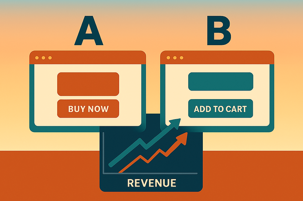 Flat-style digital illustration showing two e-commerce webpage variants labeled A and B. Version A features an orange “BUY NOW” button; version B has a teal “ADD TO CART” button. Below, a chart displays two upward revenue lines, emphasizing A/B testing for e-commerce success. Background features a warm orange-blue gradient.