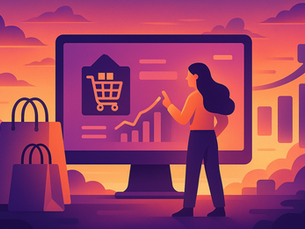 Flat-style digital illustration of a woman interacting with a large screen displaying shopping cart icons and upward-trending graphs. The scene is set against a vibrant sunset sky with shades of purple, orange, and pink. Shopping bags and bar charts surround the monitor, symbolizing e-commerce and checkout optimization.