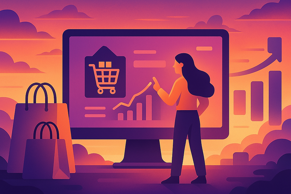 Flat-style digital illustration of a woman interacting with a large screen displaying shopping cart icons and upward-trending graphs. The scene is set against a vibrant sunset sky with shades of purple, orange, and pink. Shopping bags and bar charts surround the monitor, symbolizing e-commerce and checkout optimization.