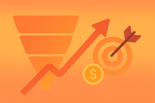 Flat-style digital illustration in landscape format showing a three-tiered funnel, a rising arrow, a bullseye with a dart, and a gold coin, all in warm sunset tones of orange, red, and yellow. The scene symbolizes conversion rate optimization and successful goal completion, set against a smooth gradient background.