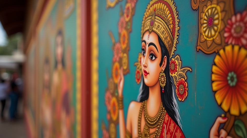 Close-up view of a colorful traditional Indian painting depicting a Hindu deity