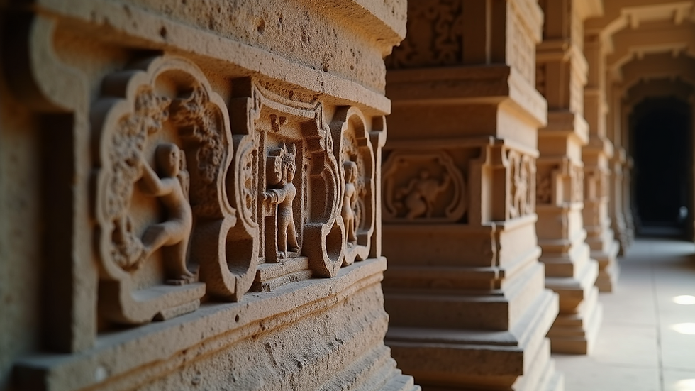 Eye-level view of intricate stone carvings on an ancient Indian temple wall