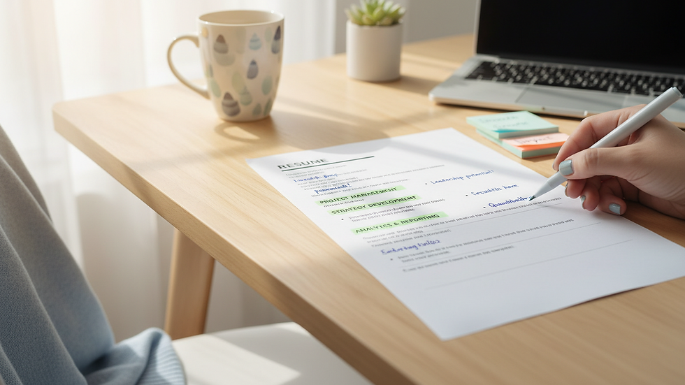 Close-up view of a resume document with highlighted keywords and notes