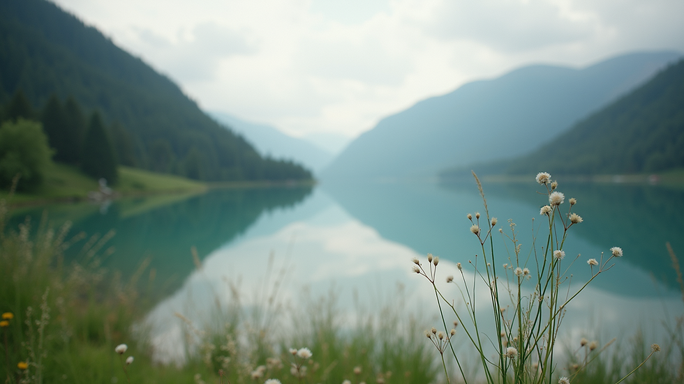 Close-up view of a serene landscape with a calm lake